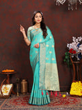 Seagreen Katan Silk saree with gold zari woven pallu and border, shown in a traditional draped style
