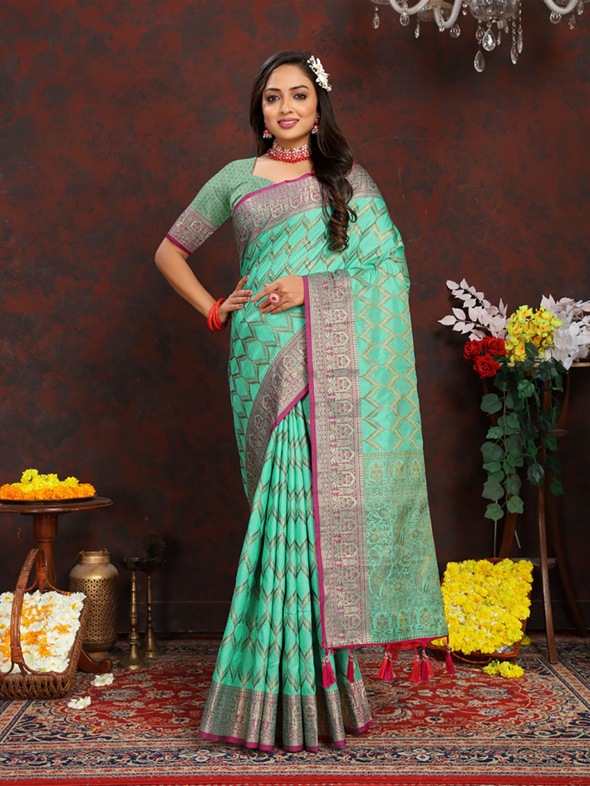Seagreen soft Katan silk saree with rich zari woven pallu