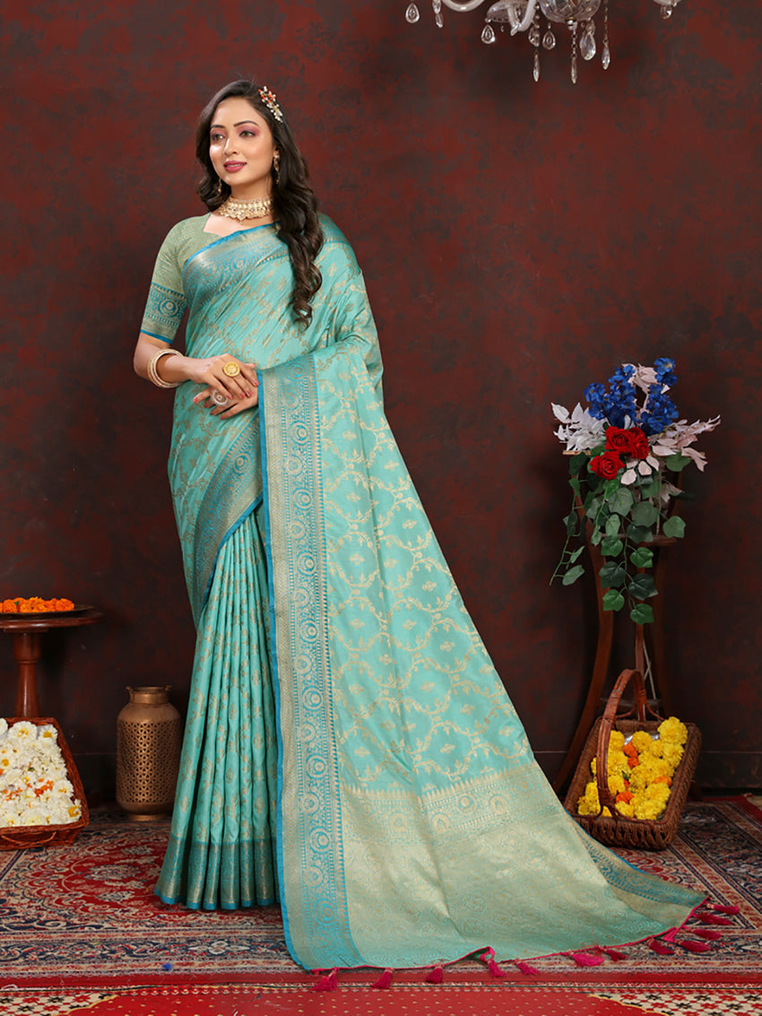 Seagreen Soft Katan Silk Saree with Zari Woven Pallu