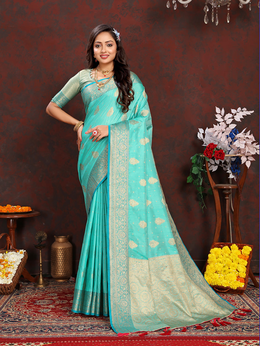 Seagreen Soft Katan Silk Saree with Zari Woven Pallu and Border