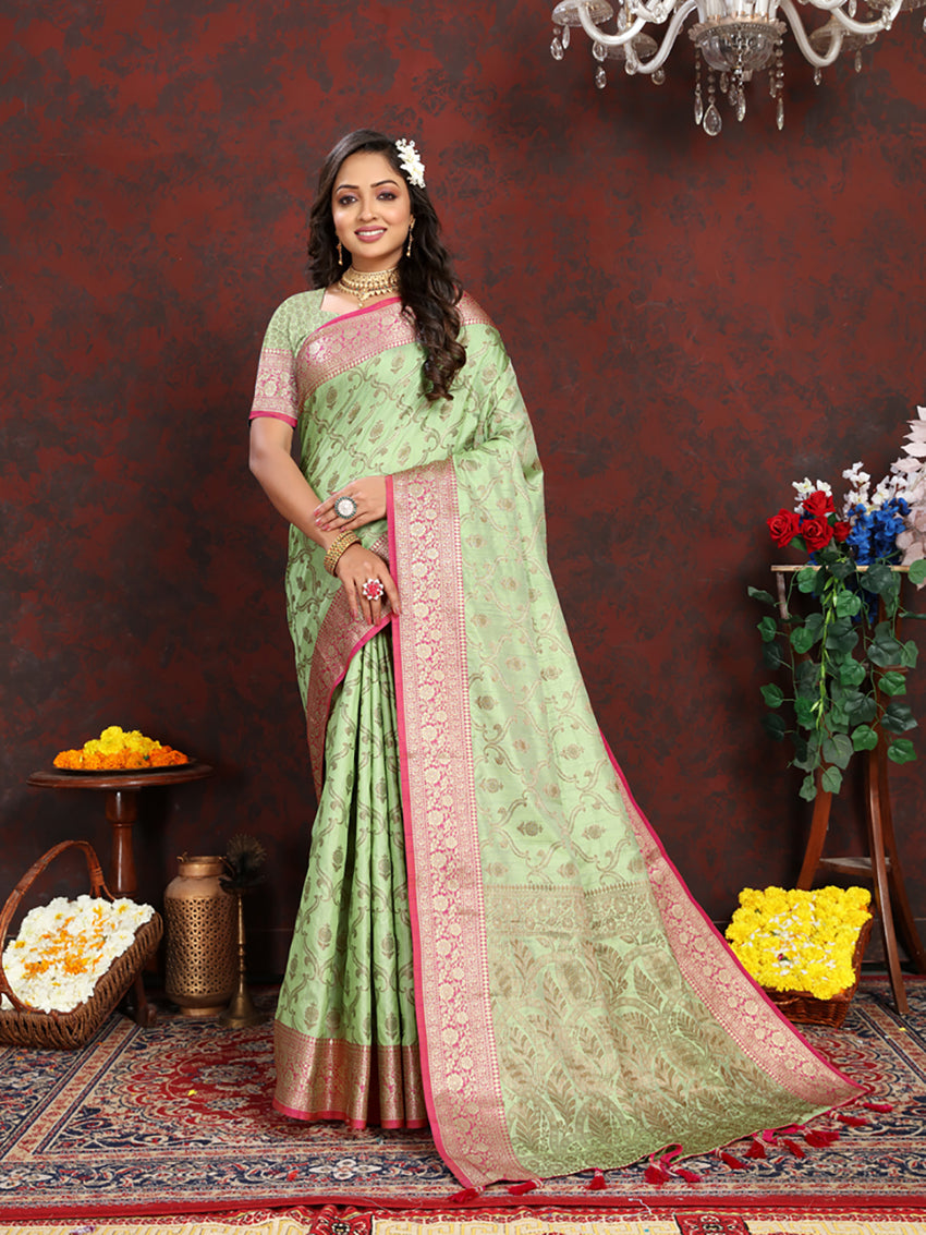 Seagreen Soft Katan Silk Saree with Rich Zari Weaving Pallu