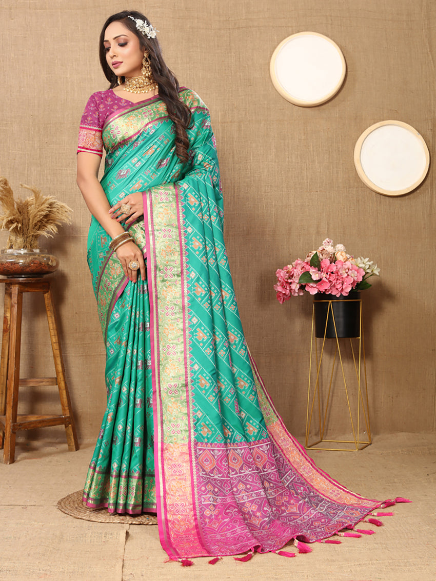 Seagreen Patola Silk Saree with Geometric Zari Meenakari
