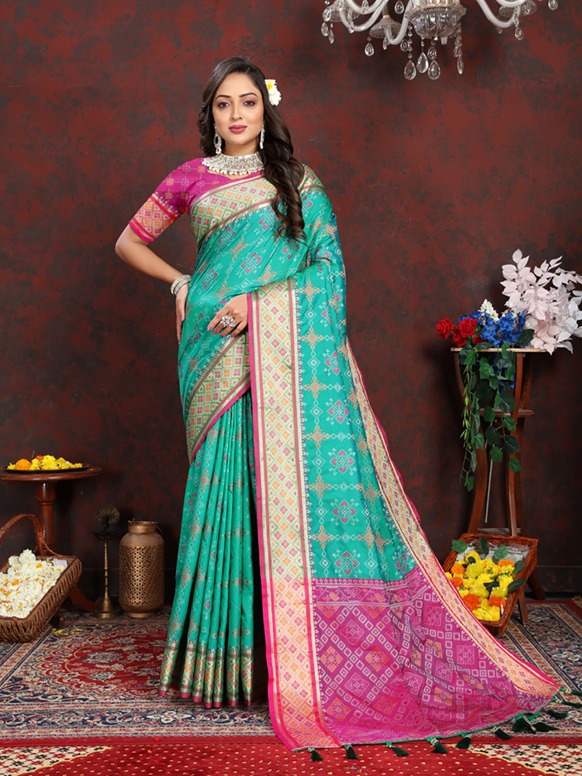 Seagreen Patola Silk Saree with Zari Meenakari Motif Pallu