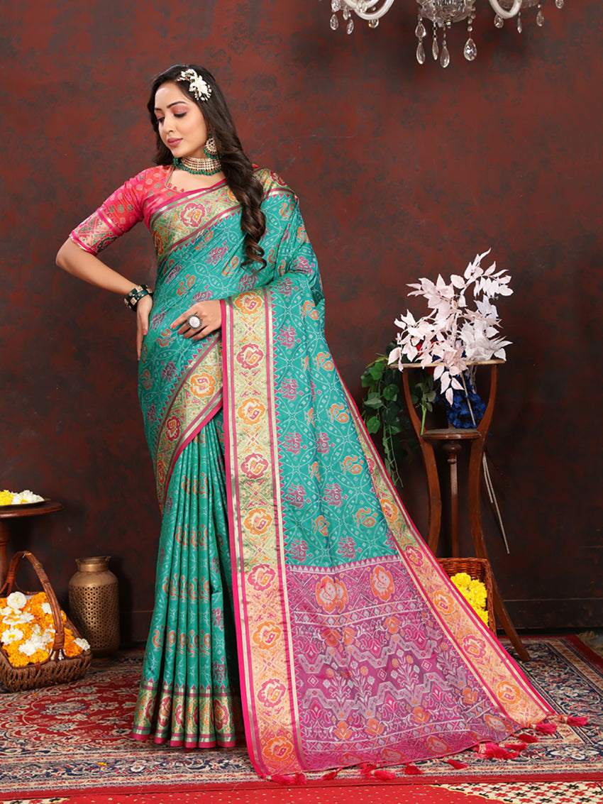 Seagreen Patola Silk Saree with Zari Meenakari Motifs