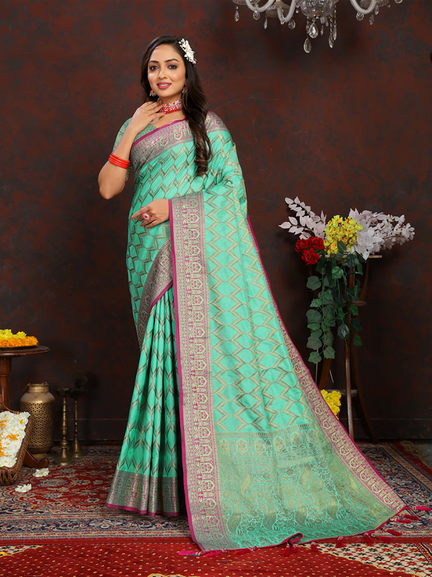 Seagreen Soft Katan Silk Saree with Rich Zari Weaving
