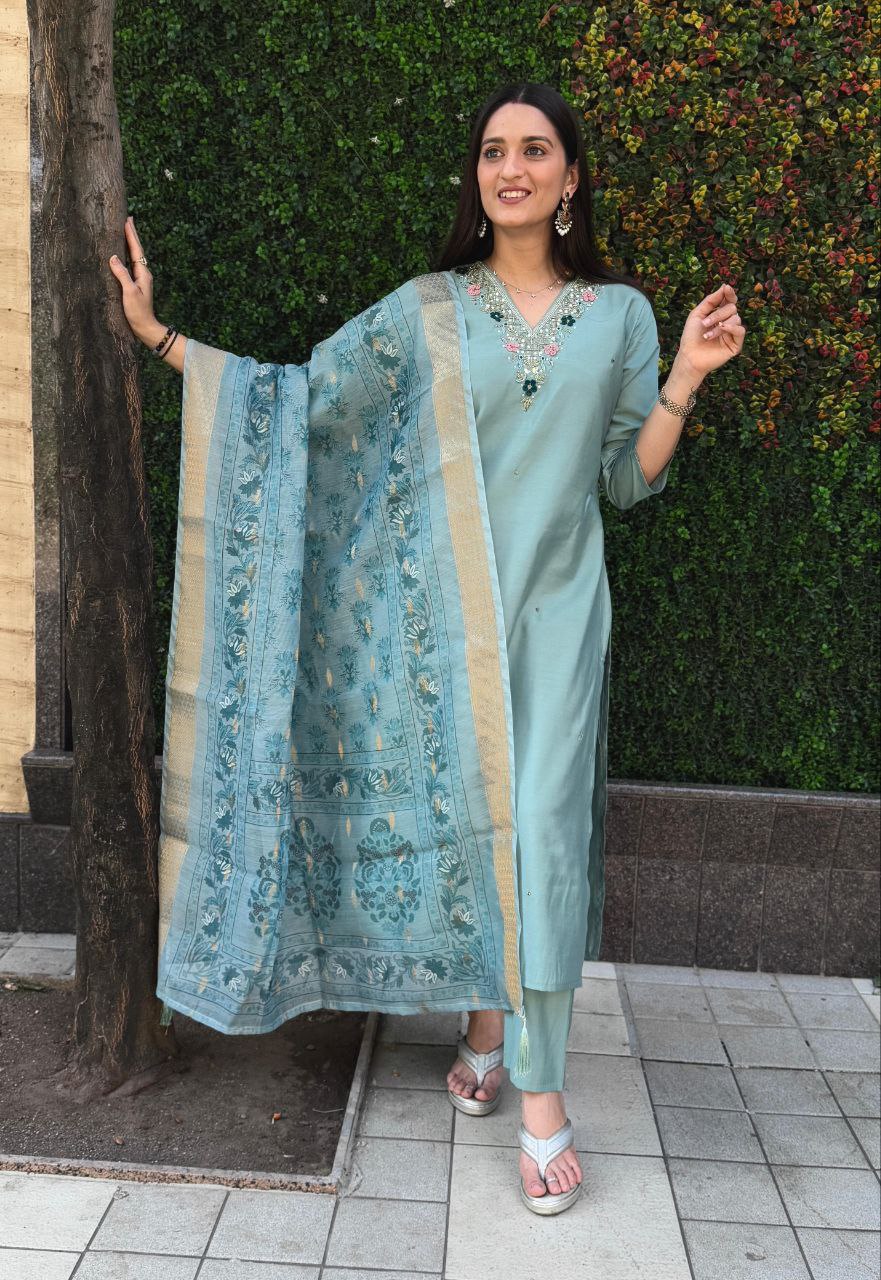 Seagreen Roman Silk Kurta Pant Set with Heavy Chanderi Dupatta