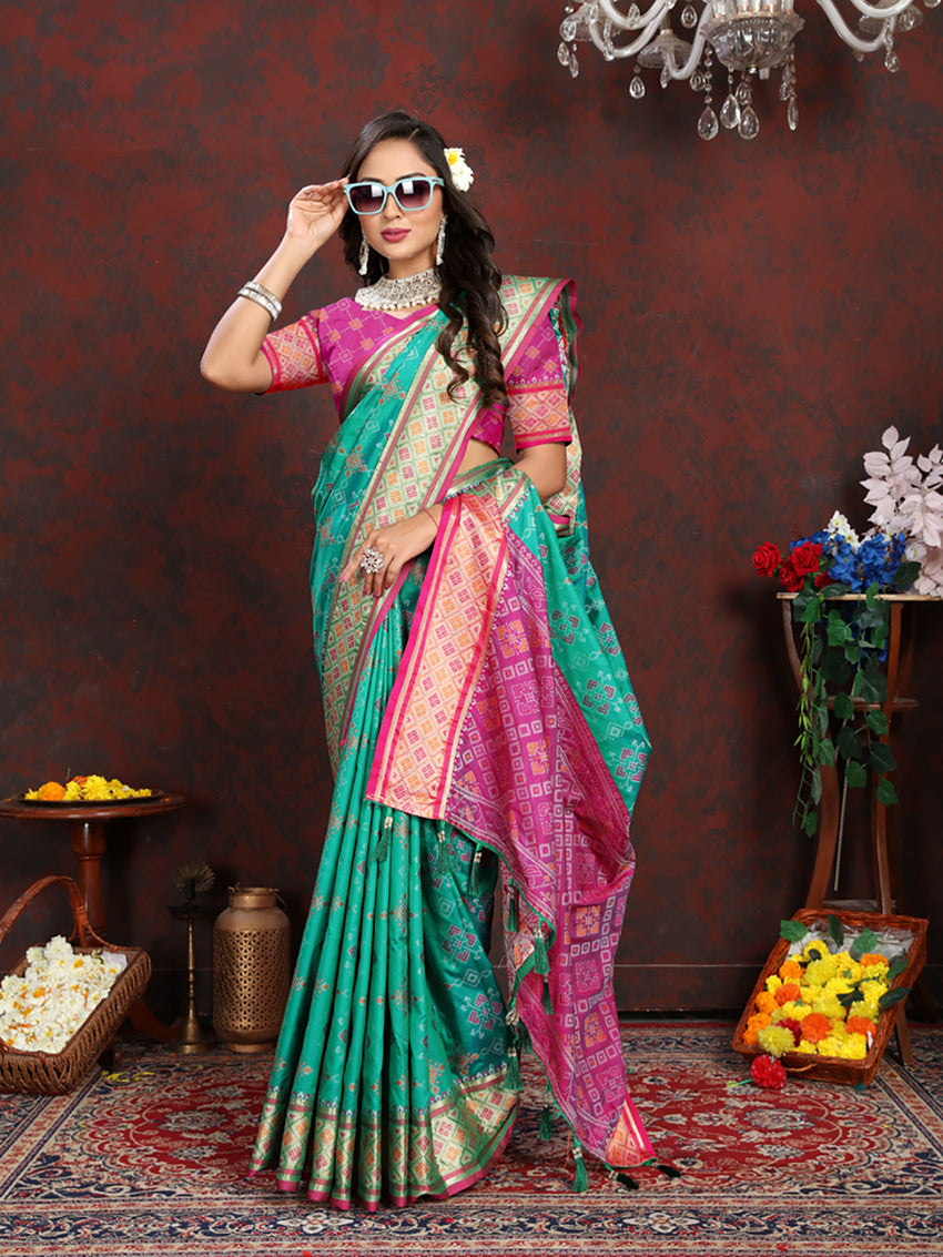 Seagreen Patola Silk Saree with Zari Meenakari Motif Pallu