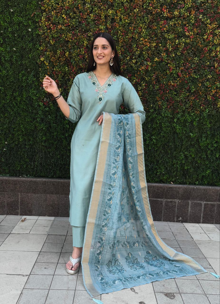 Seagreen Roman Silk Kurta Pant Set with Heavy Chanderi Dupatta