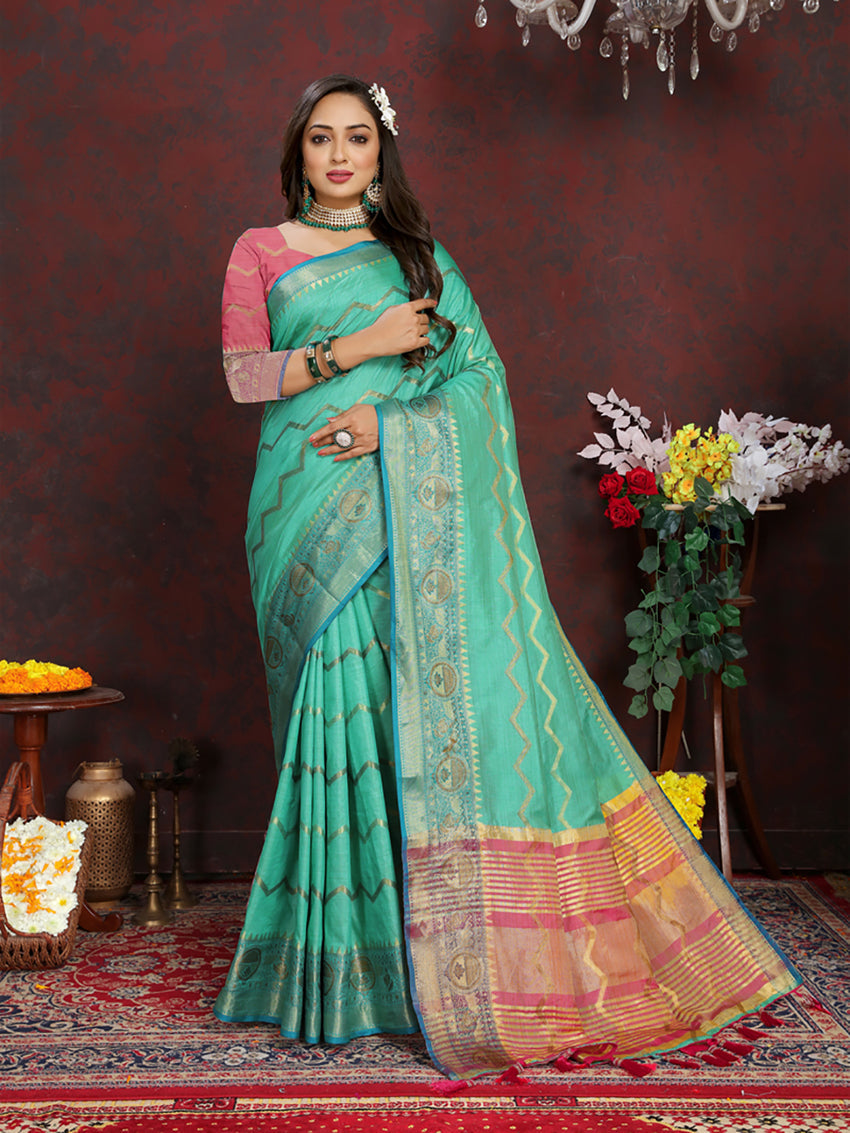 Seagreen Soft Katan Silk Saree with Zari Woven Design & Pallu