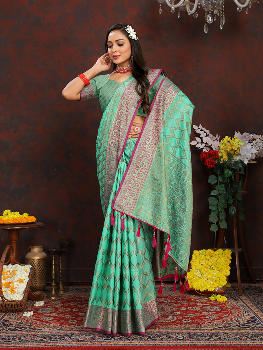 Seagreen Soft Katan Silk Saree with Rich Zari Weaving
