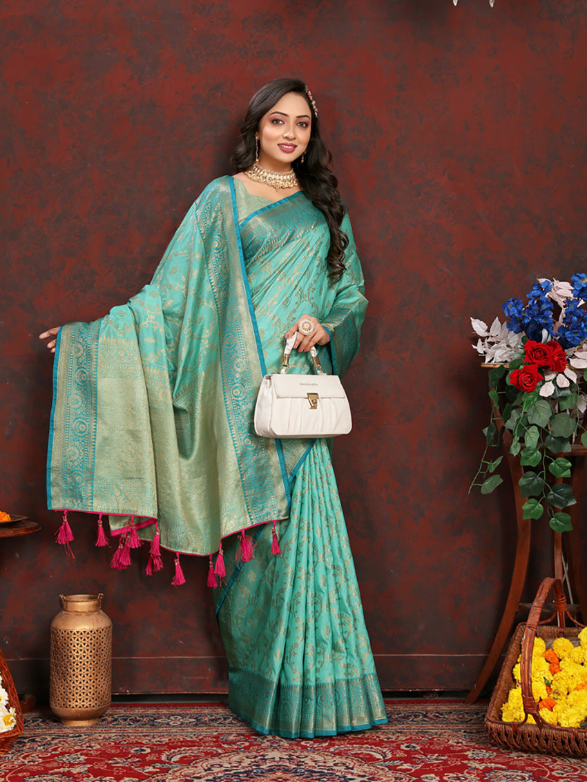 Seagreen Soft Katan Silk Saree with Zari Woven Pallu