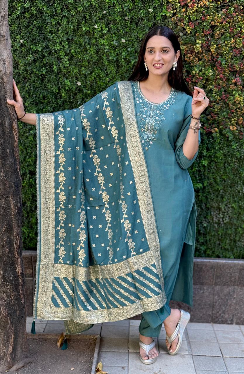 Lorenvalley Fashion Seagreen Roman Silk Hand Work Kurta Pant with Dupatta