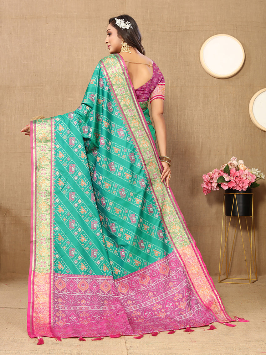 Seagreen Patola Silk Saree with Geometric Zari Meenakari