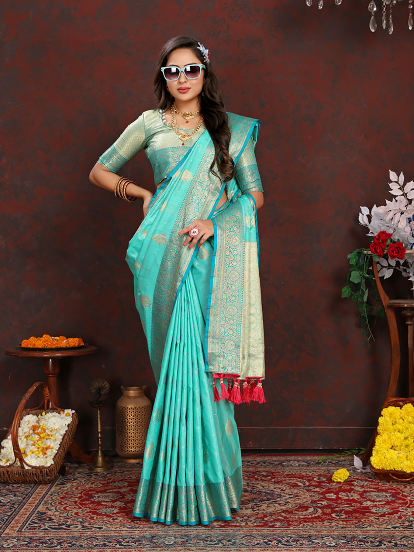 Seagreen Soft Katan Silk Saree with Zari Woven Pallu and Border