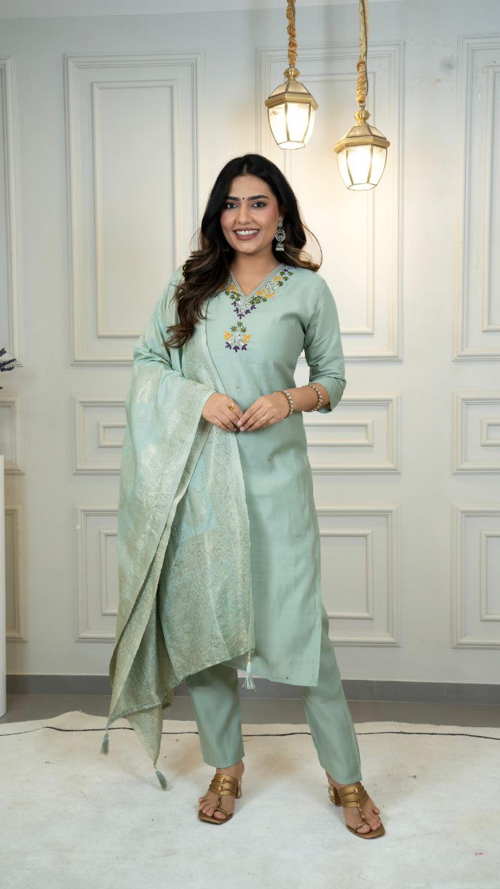 Seagreen Roman Silk Hand Work Kurta Pant Set with Dupatta