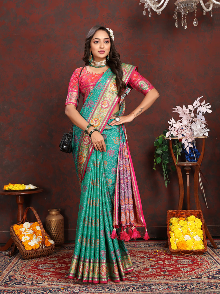Seagreen Patola Silk Saree with Zari Meenakari Motifs