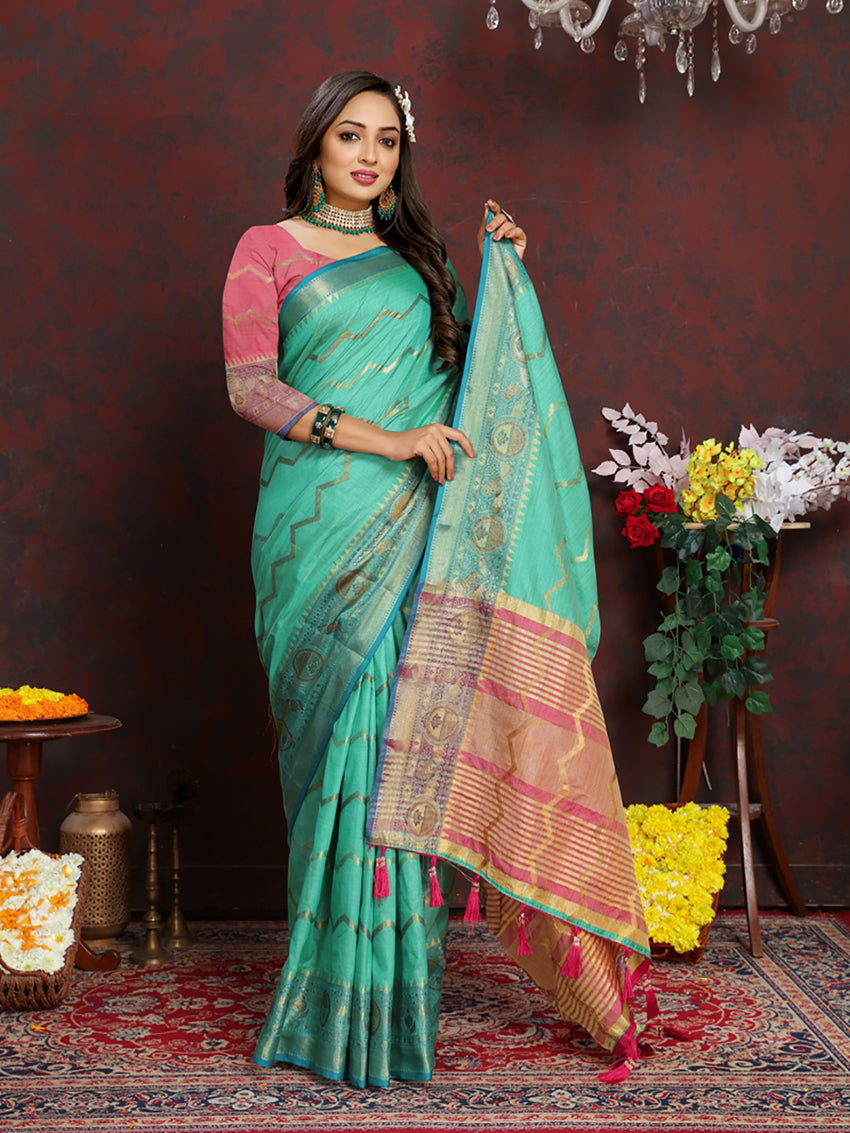 Seagreen Soft Katan Silk Saree with Zari Woven Design & Pallu