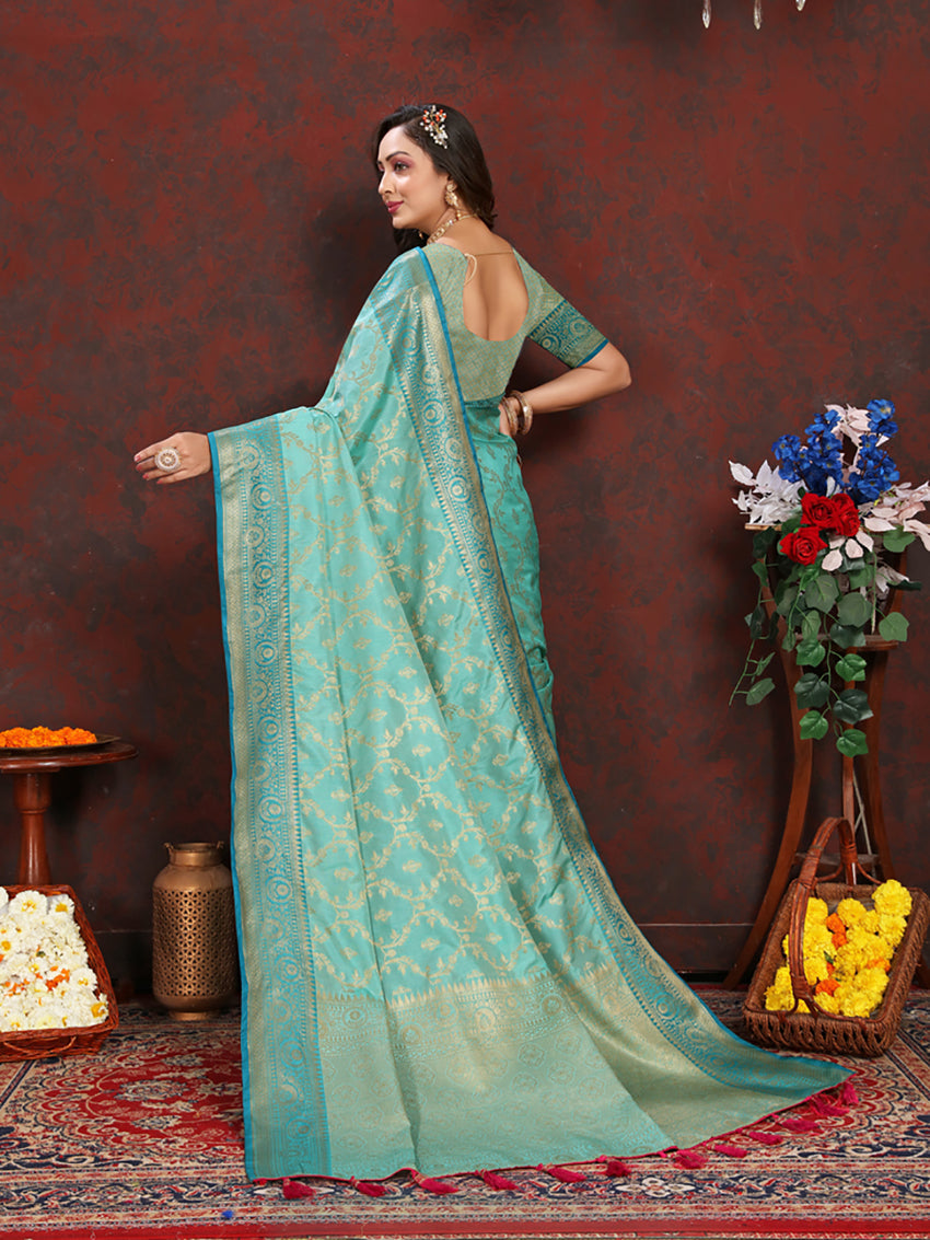 Seagreen Soft Katan Silk Saree with Zari Woven Pallu