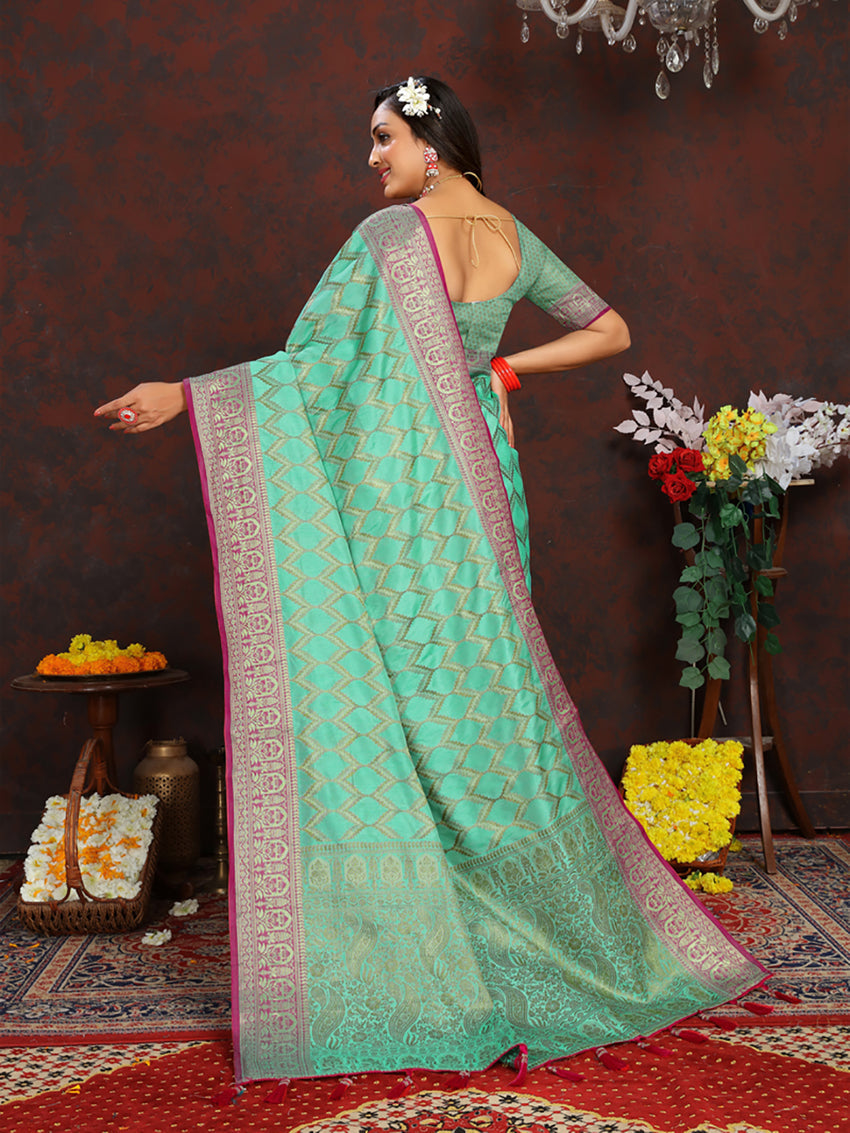Seagreen Soft Katan Silk Saree with Rich Zari Weaving