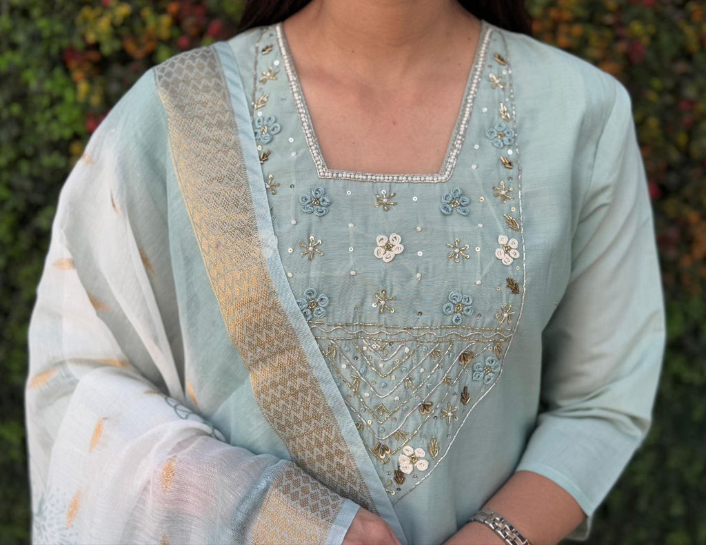 Lorenvalley Fashion Seagreen Roman Silk Hand Work Kurta Pant with Dupatta