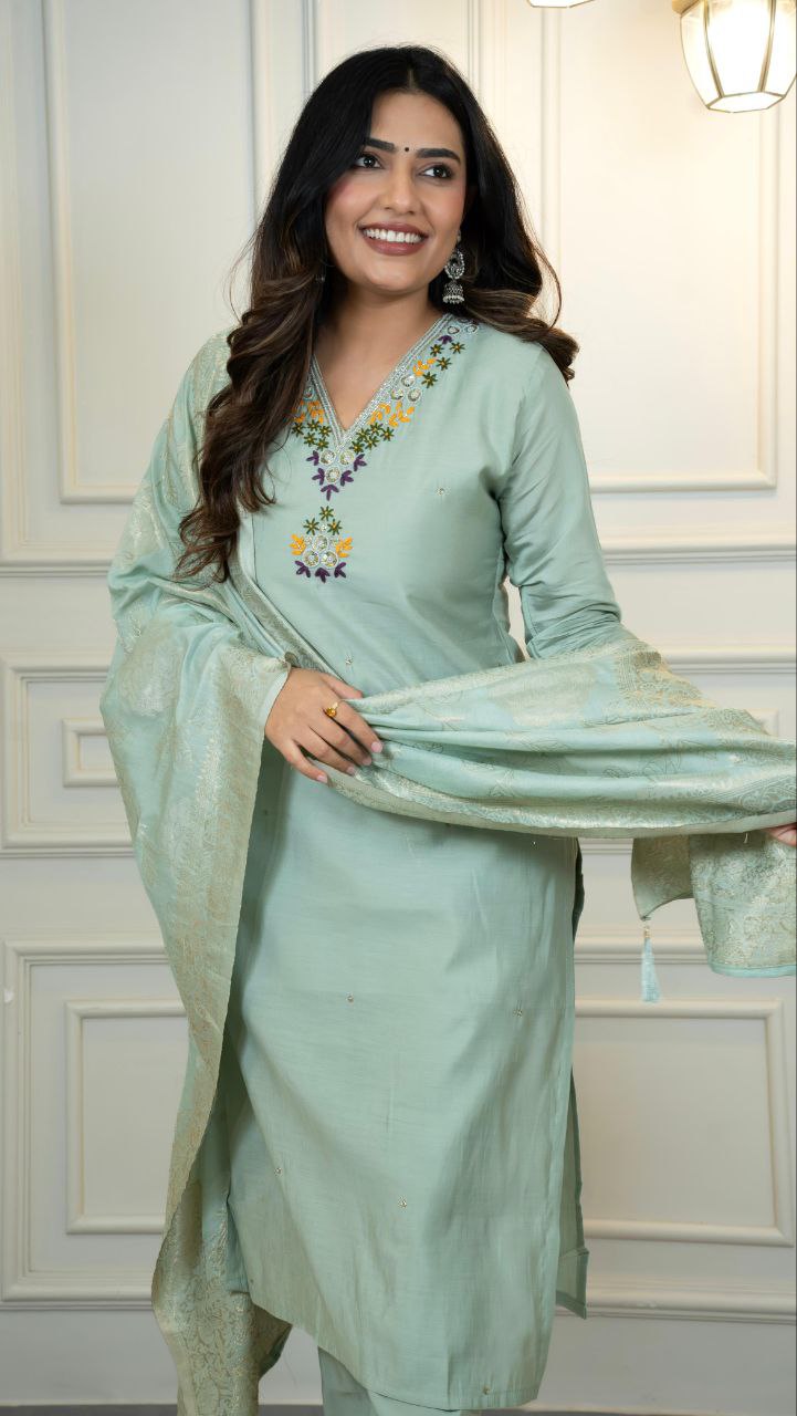 Seagreen Roman Silk Hand Work Kurta Pant Set with Dupatta