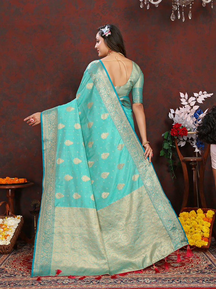Seagreen Soft Katan Silk Saree with Zari Woven Pallu and Border