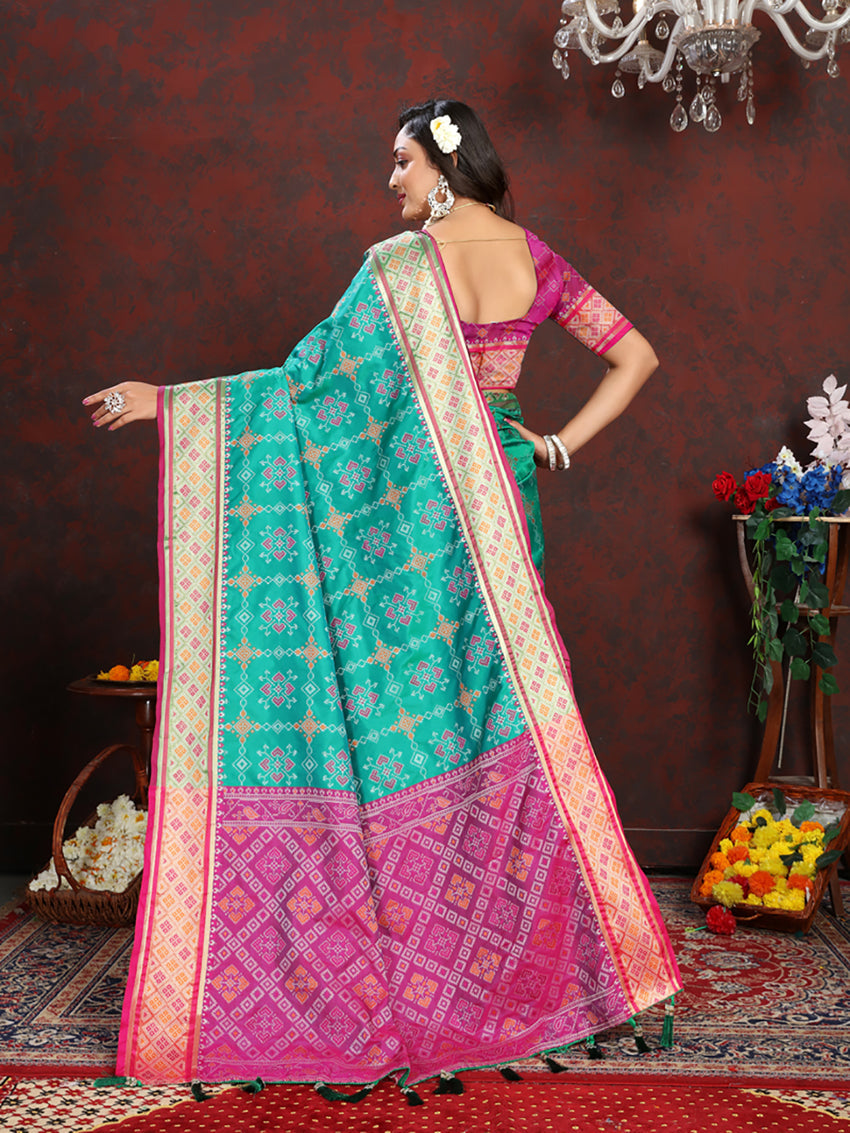 Seagreen Patola Silk Saree with Zari Meenakari Motif Pallu