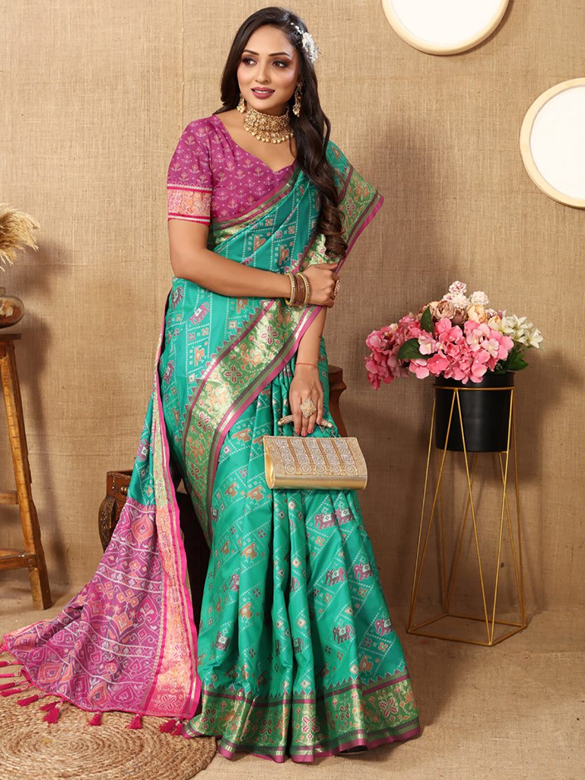 Seagreen Patola Silk Saree with Geometric Zari Meenakari