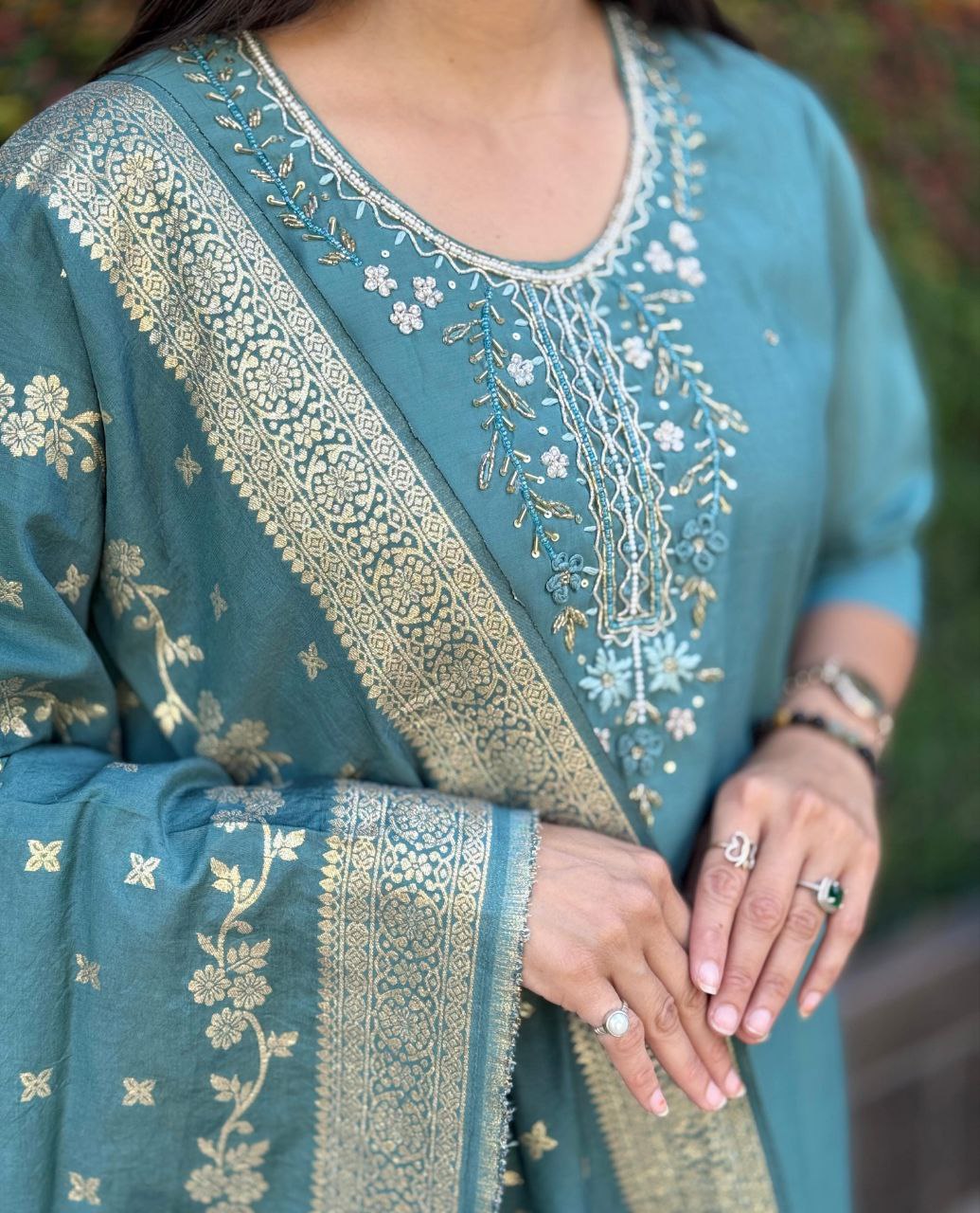Lorenvalley Fashion Seagreen Roman Silk Hand Work Kurta Pant with Dupatta