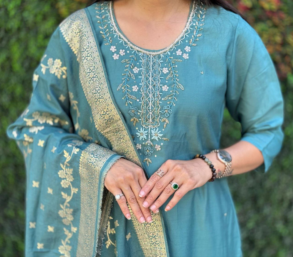 Lorenvalley Fashion Seagreen Roman Silk Hand Work Kurta Pant with Dupatta
