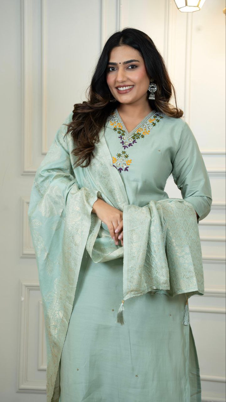 Seagreen Roman Silk Hand Work Kurta Pant Set with Dupatta