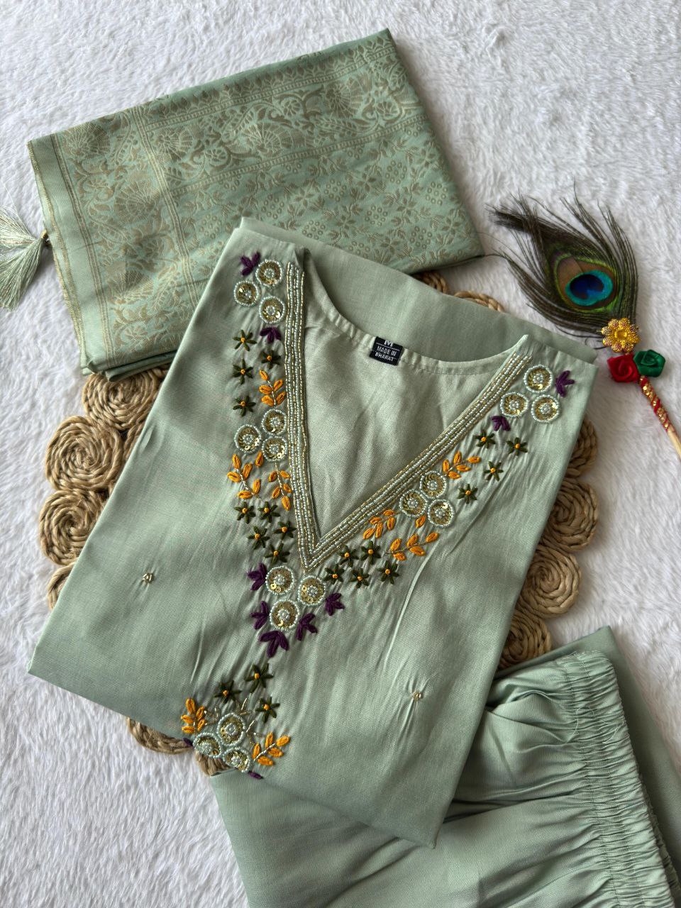 Seagreen Roman Silk Hand Work Kurta Pant Set with Dupatta