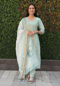 Lorenvalley Fashion Seagreen Roman Silk Hand Work Kurta Pant with Dupatta