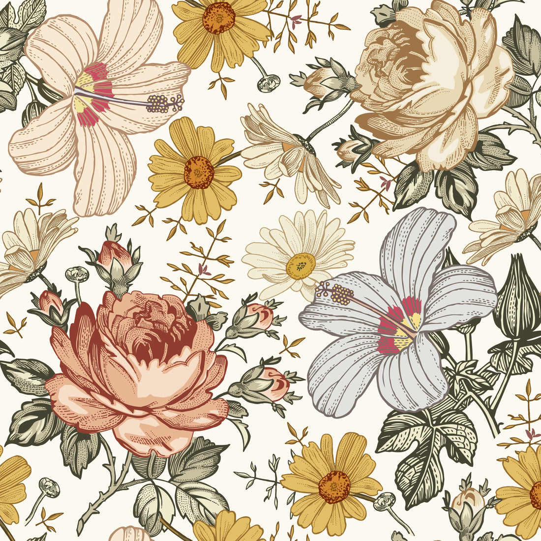 Mila Floral Bohemian Wallpaper in Cream, Orange, and Sage-Green
