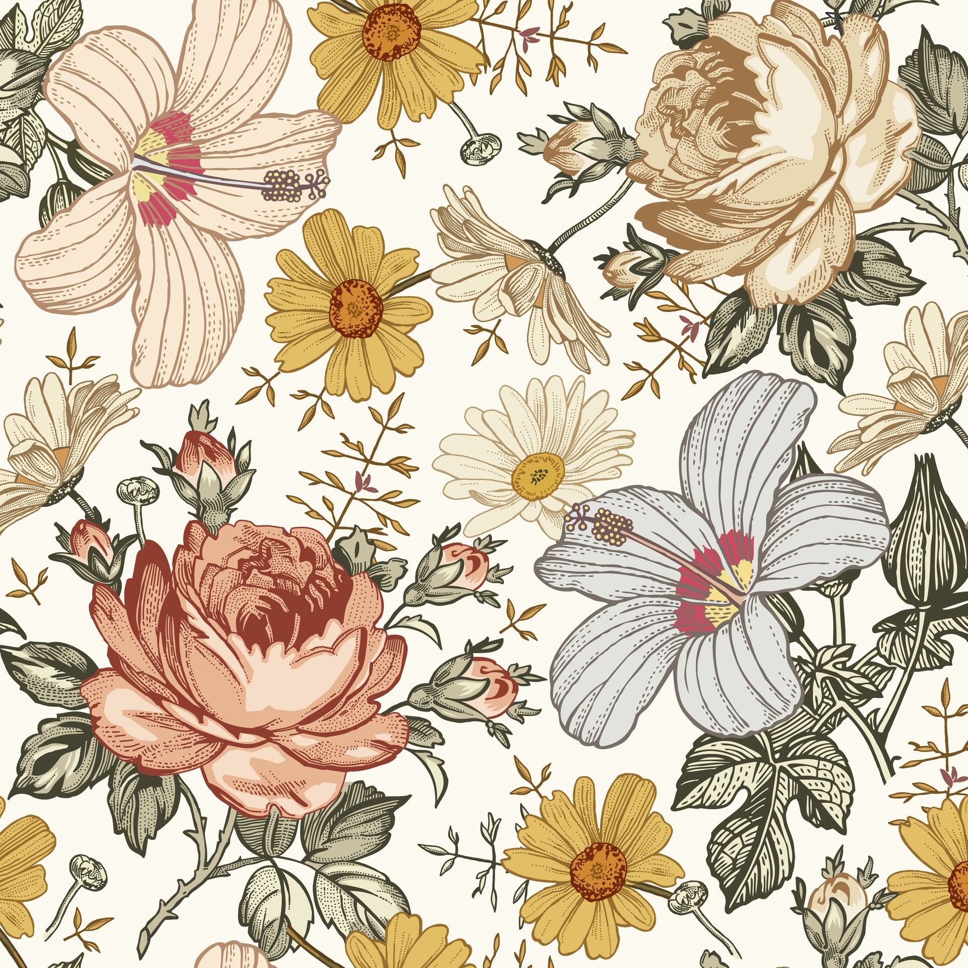 Mila Floral Bohemian Wallpaper in Cream, Orange, and Sage-Green