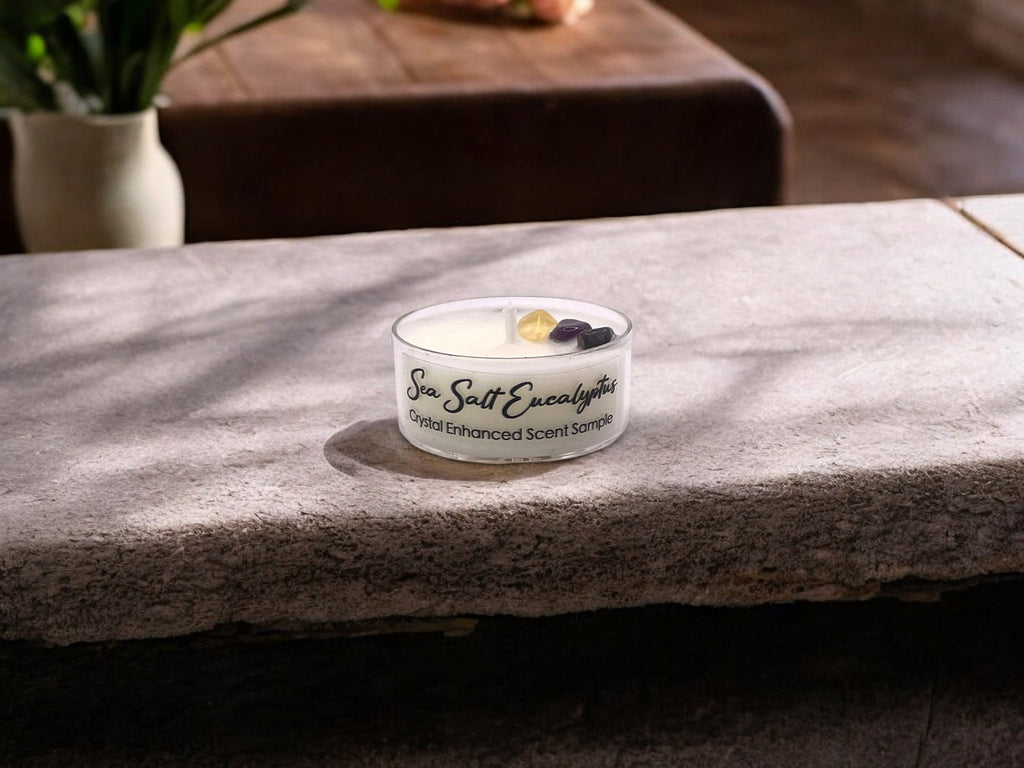 Sea Salt Eucalyptus, Premium Coconut-Soy Wax Tea Light Crystal Candle, 1oz