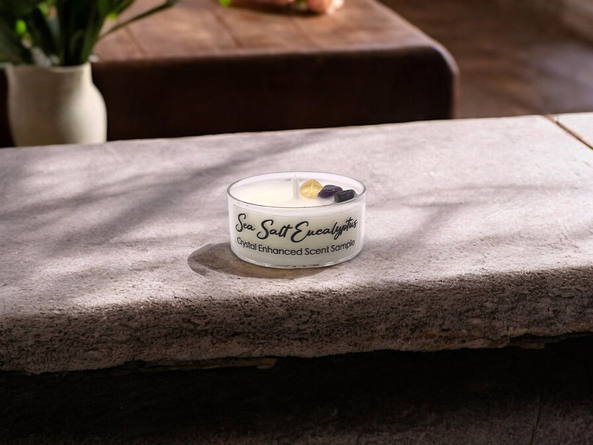 Sea Salt Eucalyptus, Premium Coconut-Soy Wax Tea Light Crystal Candle, 1oz