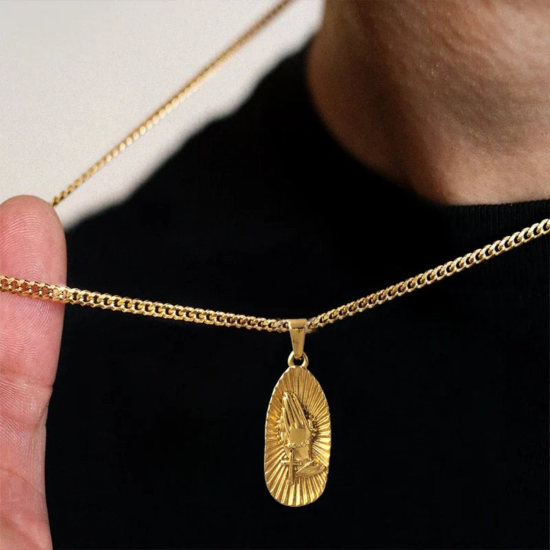 Hip Hop Praying Hands Necklace - Christian Buddhism Jewelry for Men Women | Gold Plated Stainless Steel Religious Gift