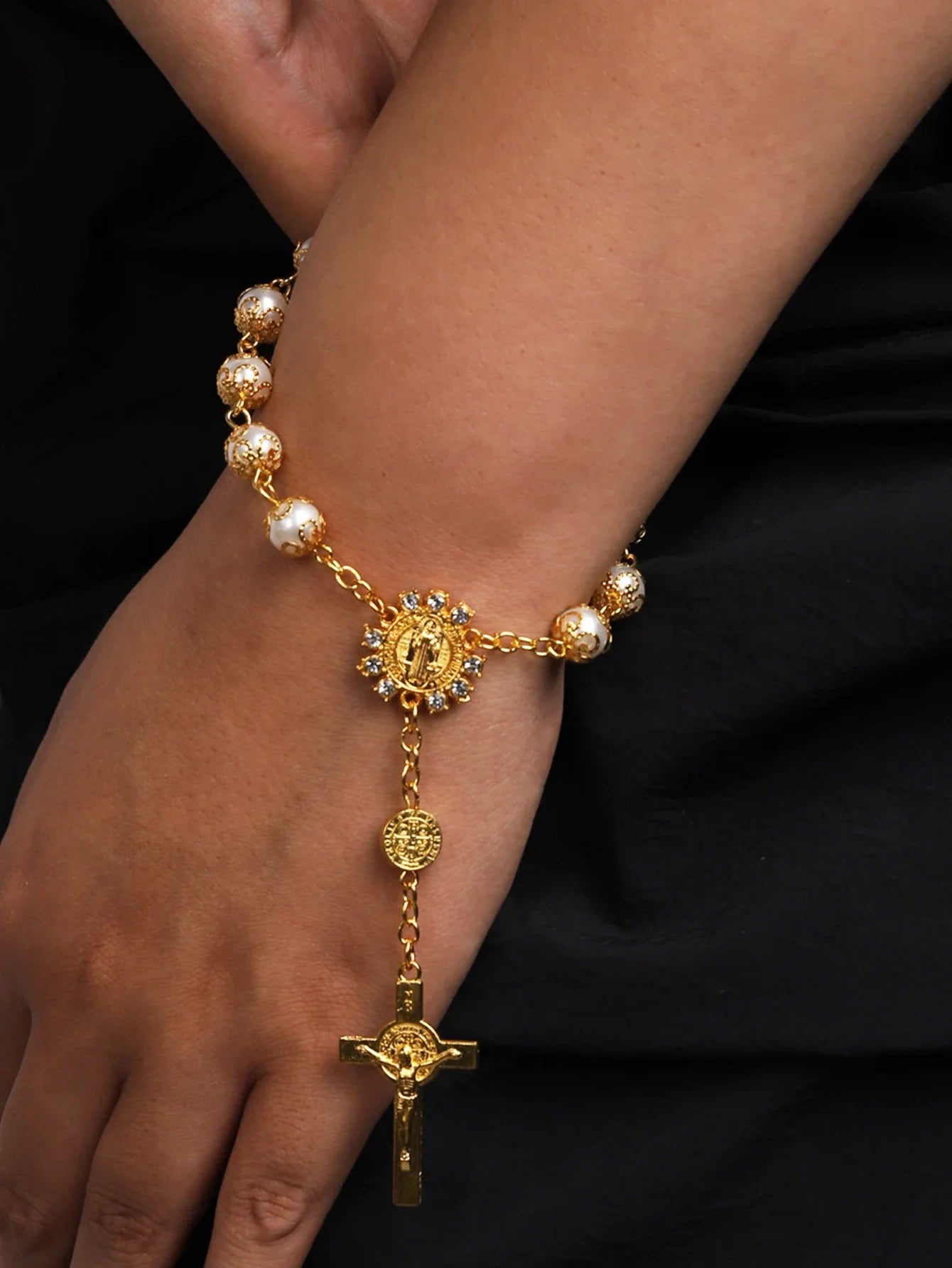 One Decade Auto Rosary Beads Catholic Bracelet Saint Benedict Crucifix Divine Mercy Gift for Women Men