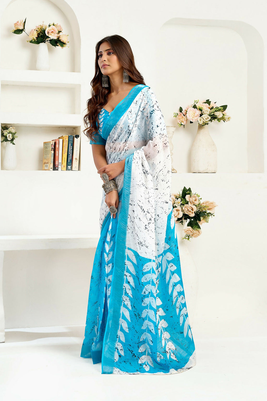 White Leaf Print Ready to Wear Linen Saree with Sky Blue Blouse