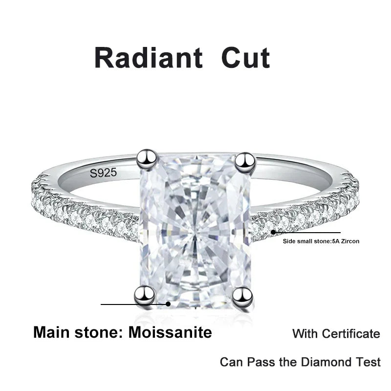 NeeTim 1CT 2CT Emerald Radiant Cut Moissanite Ring for Women Engagement Wedding Lab Diamond Sterling Silver 925 Rings Jewelry