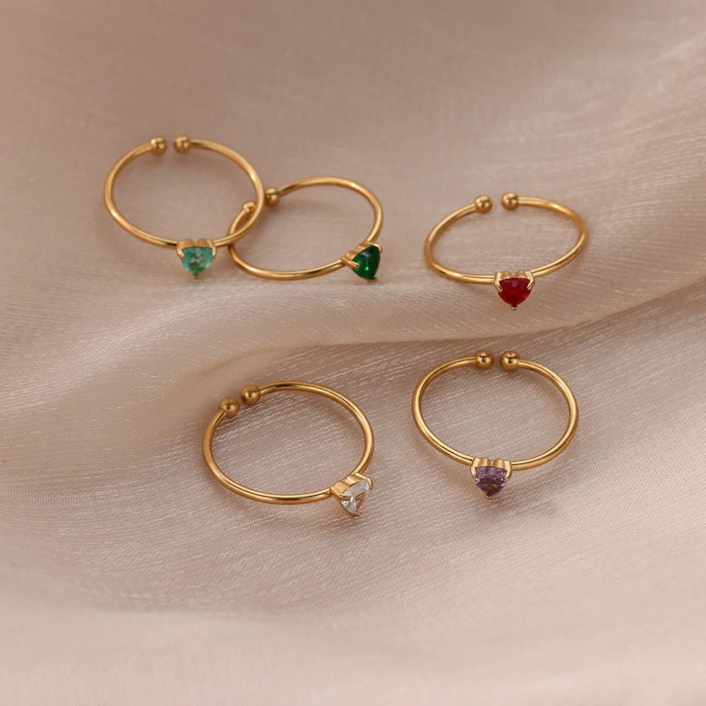 Fashion Zircon Heart Birthstone Rings For Women Stainless Steel Gold Color Birthstone Ring  Aesthetic Wedding Jewelry Gift