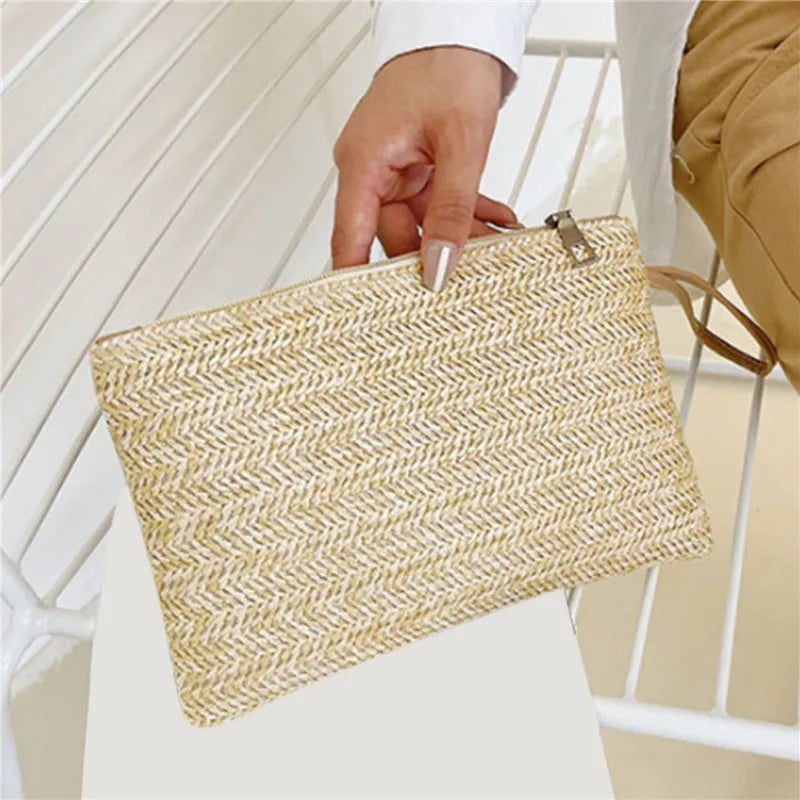 Woven Straw Wristlet Clutch Bag Stylish Bohemian Handbag - Image 3