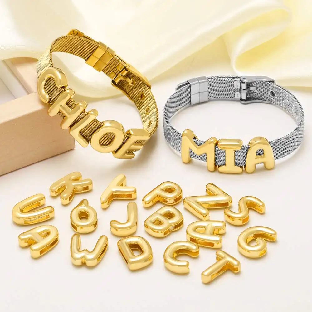 FLOLA DIY 26 Letters Custom Name Bracelets for Women Gold Silver Color Wide Band Initial Bracelets Handmade Jewelry brtd91