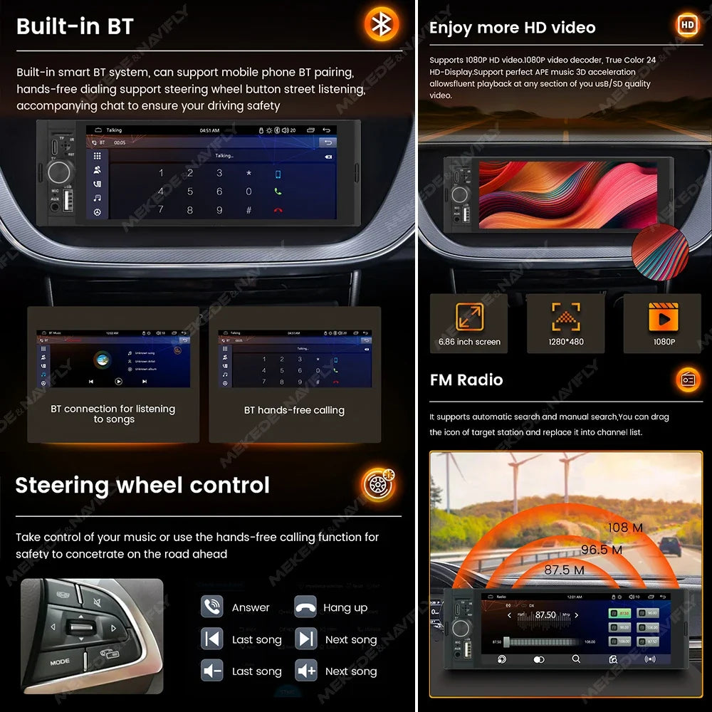 1-DIN Car Stereo with 6.86" Touch Screen – Wireless CarPlay & Android Auto