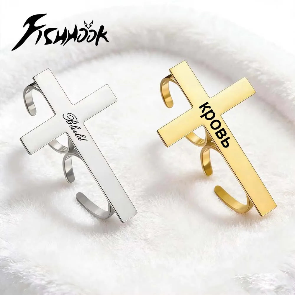 Cross Personalized Name Finger Ring Custom Gift For Woman Men Gold Color Stainless Steel Jesus Christian Amulet Talisman Jewelry