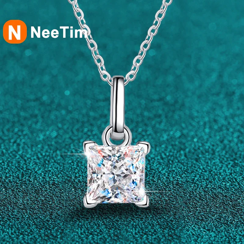 NeeTim 1ct Princess Cut Moissanite Necklace Pendant S925 Sterling Silver Party Wedding Dimond Necklaces For Women Certified