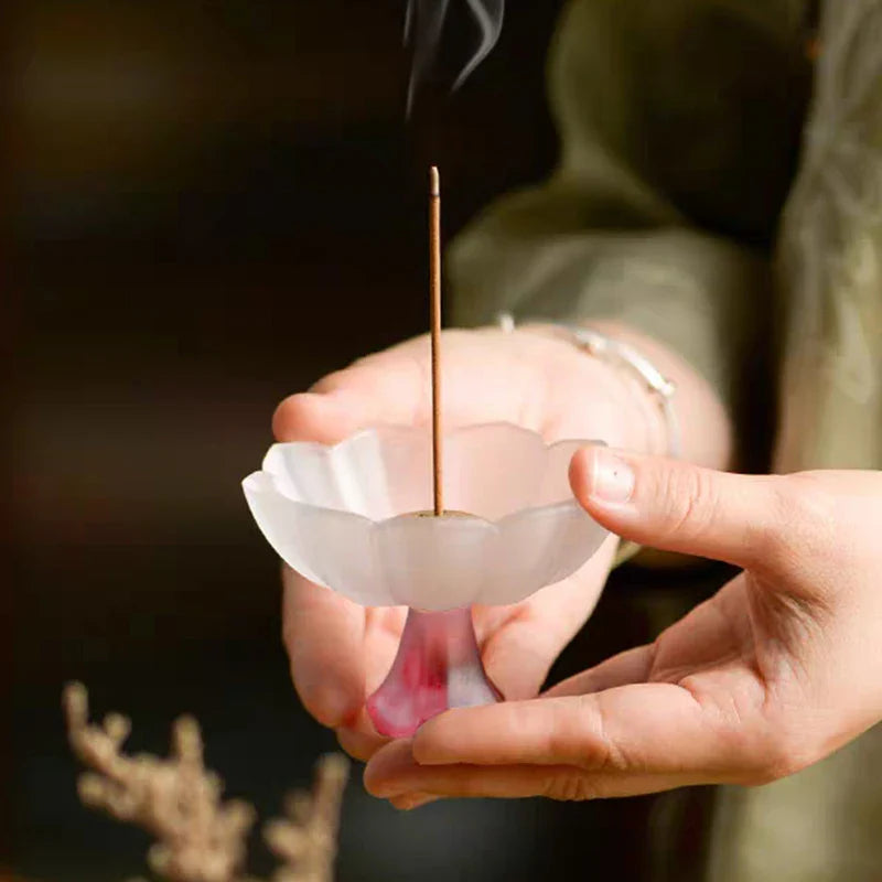 Glass Lotus Incense Burner Brass Nine-hole Incense Holder Incense Stick Holder for Yoga Meditation Spa Home Decor