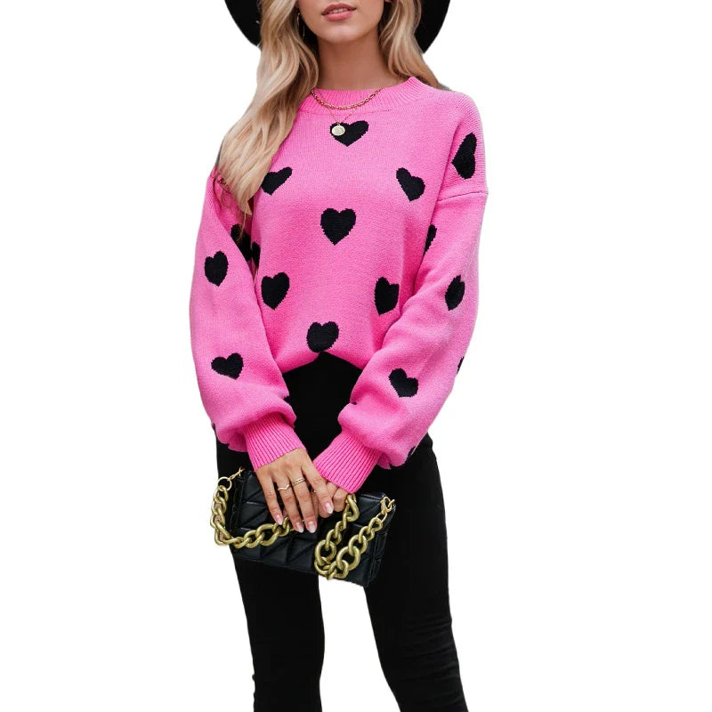 Women's Beige Red Heart Print Crew Neck Knit Pullover Sweater - Image 5