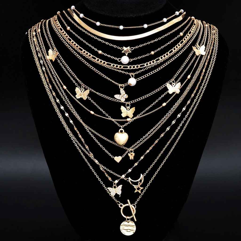 Simple Stackable Necklaces Set for Women Fashion Butterfly Heart Star Pearl Moon Pendant Necklaces Boho Jewelry Gifts 2025